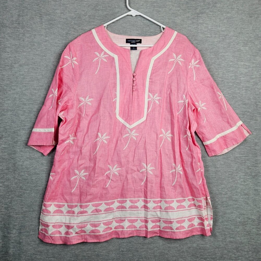 Saint Tropez West Women's Linen Floral Printed V-neck 3/4 Sleeve Blouse Sz 2X